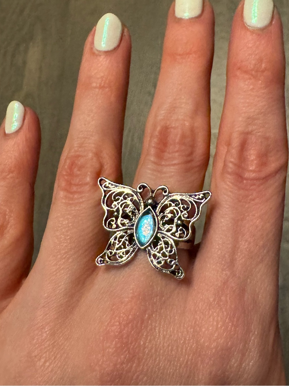 Vintage Silver Butterfly Statement Ring with Shimmery Blue Opal Accent 🦋 Y2K